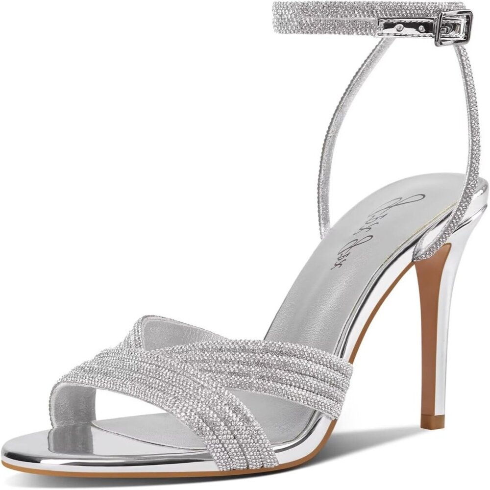 Women's Silver Rhinestone High Heel Sandals Sparkly Stilettos Heeled Strap